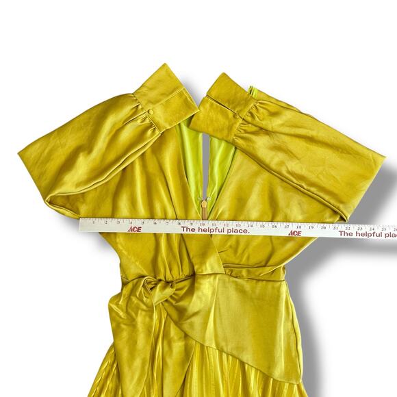 Chartreuse Pleated Wrap Dress Long Sleeve Asym Hem Midi Yellow Women - Picture 3 of 11